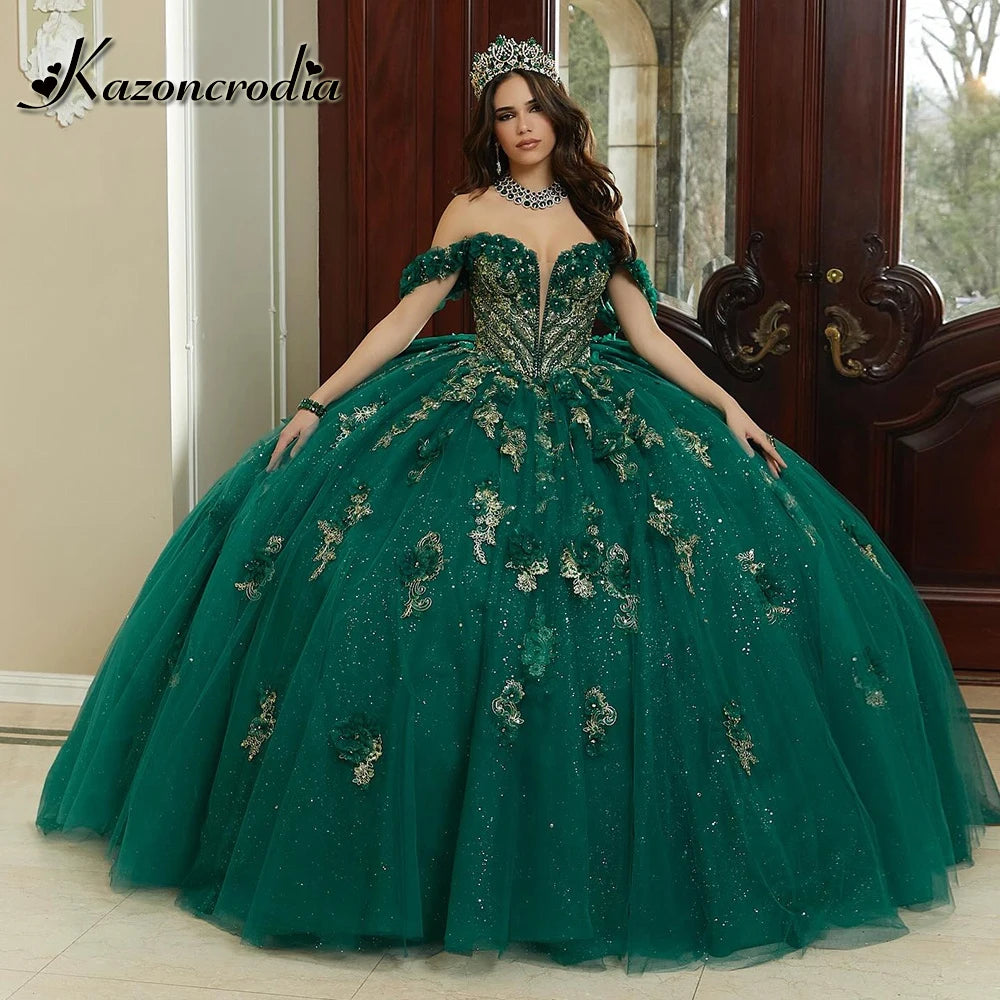 Vestido de Quinceañera Princesa con Apliques Florales y Cristales — Ball Gown Off-Shoulder