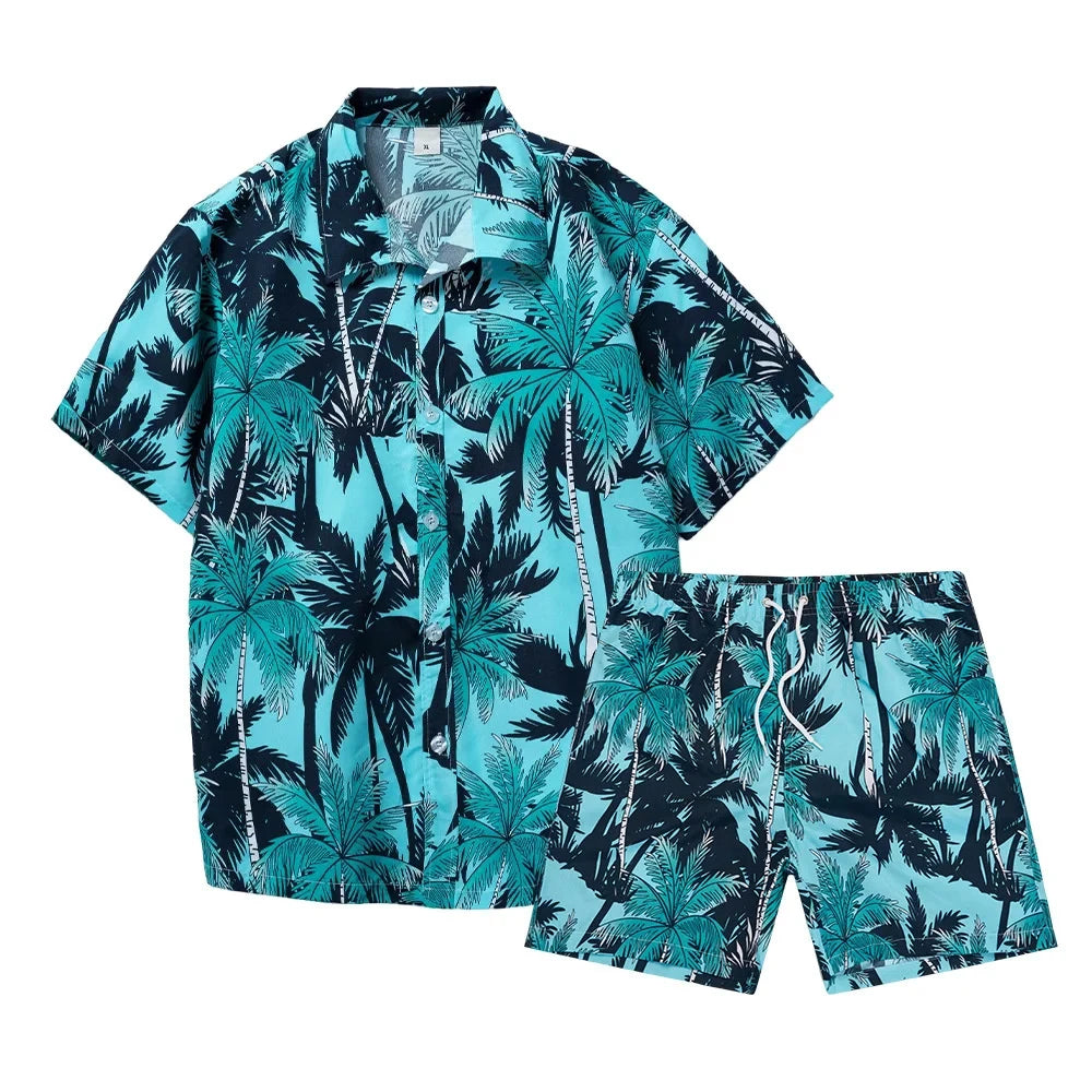 Conjunto de Camisa y Pantalón para Hombre — Cuello Mao, Manga Corta, Estampado | Co-ords Verano