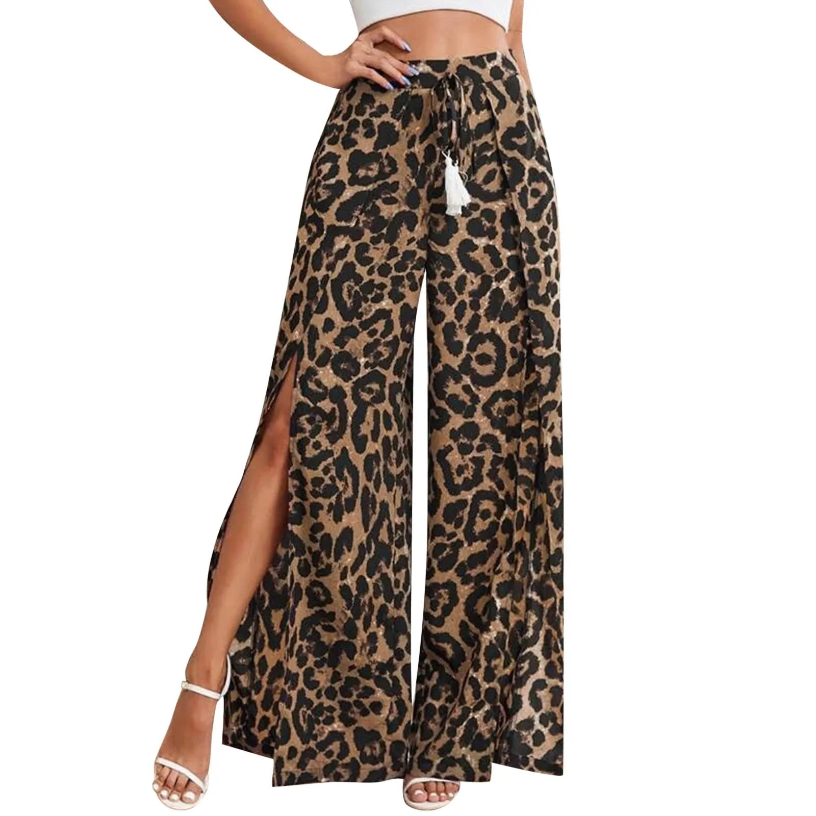 Pantalones Palazzo Pierna Ancha Mujer | Estampado Leopardo | Cintura Elástica con Cordón | Playa Verano