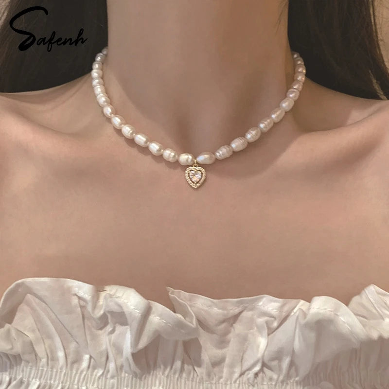 Collar de Perlas de Agua Dulce | Estilo Coreano Vintage | Cadena Clavícula con Colgante de Circón