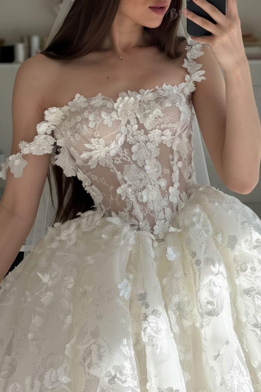 Off Shoulder 3D Floral Lace Mini Wedding Dress Sheer Illusion Corset Bodice With Lace-Up Back Bridal Gown Customized