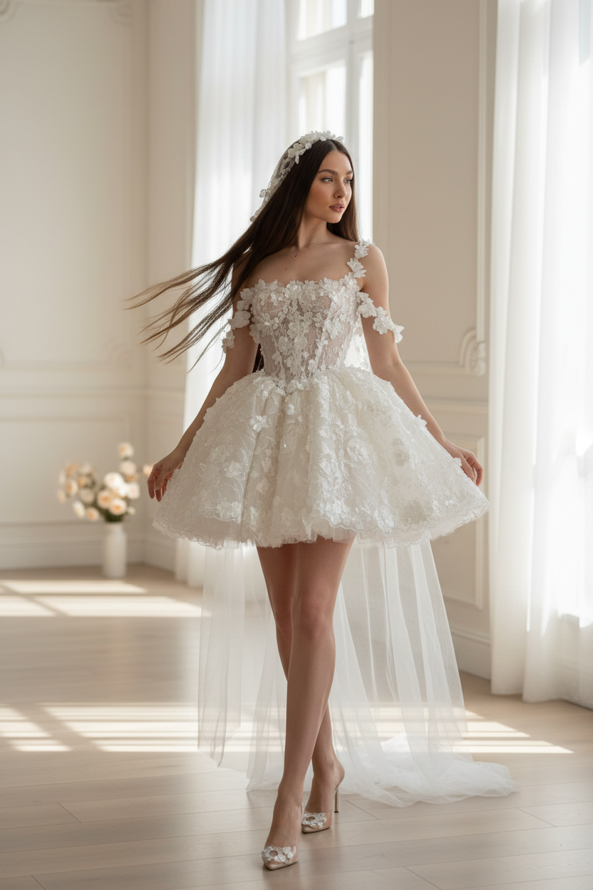 Off Shoulder 3D Floral Lace Mini Wedding Dress Sheer Illusion Corset Bodice With Lace-Up Back Bridal Gown Customized