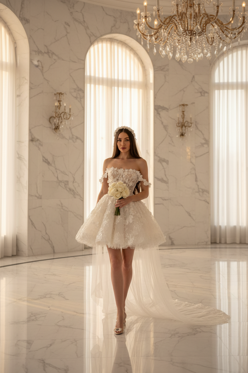 Off Shoulder 3D Floral Lace Mini Wedding Dress Sheer Illusion Corset Bodice With Lace-Up Back Bridal Gown Customized