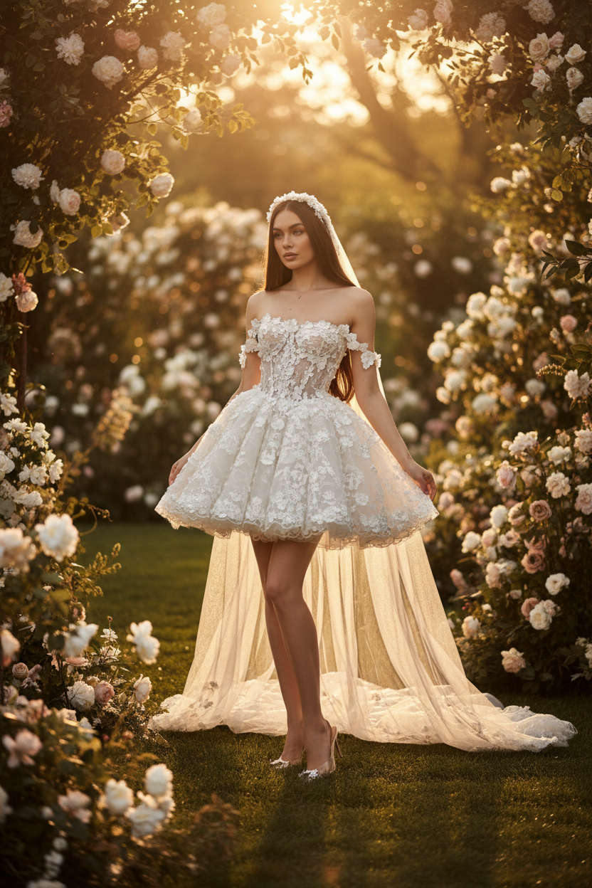 Off Shoulder 3D Floral Lace Mini Wedding Dress Sheer Illusion Corset Bodice With Lace-Up Back Bridal Gown Customized